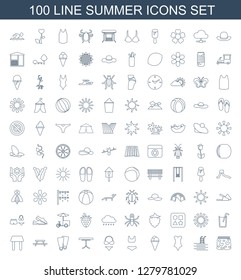 100 summer icons. Trendy summer icons white background. Included line icons such as underwear with heart, pool, swimsuit, ice cream, swim suit. summer icon for web and mobile.