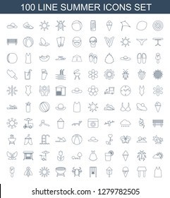 100 summer icons. Trendy summer icons white background. Included line icons such as singlet, table, ice cream, nesting house, swing, beetle, barbecue. summer icon for web and mobile.