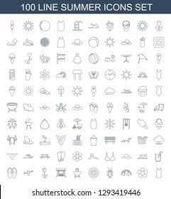 100 summer icons. Trendy summer icons white background. Included line icons such as singlet, flower, tent, beetle, no brightness, barbeque, swing. summer icon for web and mobile.