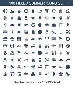 100 summer icons. Trendy summer icons white background. Included filled icons such as butterfly, flower, booty fitness, swimsuit, beetle, swimming ladder. summer icon for web and mobile.
