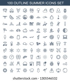 100 summer icons. Trendy summer icons white background. Included outline icons such as peach, restaurant table, tree, umbrella, swimsuit, sun. summer icon for web and mobile.