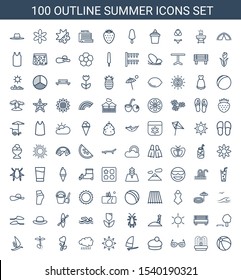 100 summer icons. Trendy summer icons white background. Included outline icons such as beach ball, fountain, sunglasses, woman hat, windsurfing. summer icon for web and mobile.