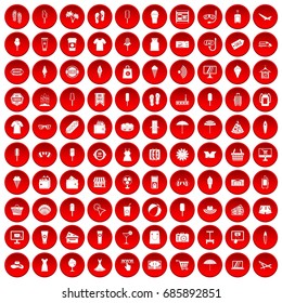 100 summer shopping icons set in red circle isolated on white vectr illustration