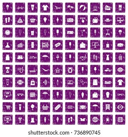 100 summer shopping icons set in grunge style purple color isolated on white background vector illustration