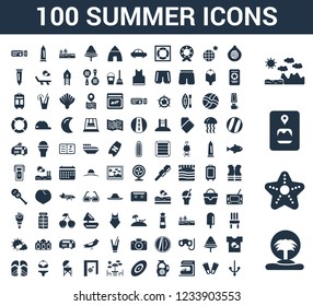 100 Summer universal icons set with Island, Starfish, Travel guide, Mountains, Fig, Flippers, Bar, Sangria, Disc golf, Terrace
