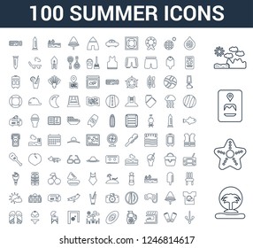 100 Summer universal linear icons set with Island, Starfish, Travel guide, Mountains, Fig, Flippers, Bar, Sangria, Disc golf, Terrace