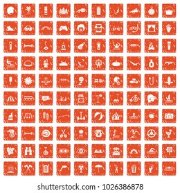 100 summer vacation icons set in grunge style orange color isolated on white background vector illustration