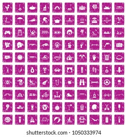 100 summer vacation icons set in grunge style pink color isolated on white background vector illustration