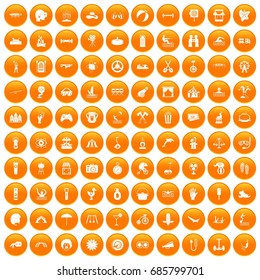 100 summer vacation icons set in orange circle isolated on white vector illustration