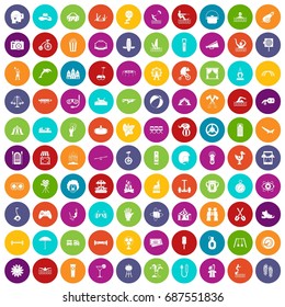 100 summer vacation icons set in different colors circle isolated vector illustration