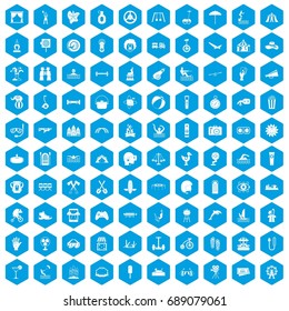 100 summer vacation icons set in blue hexagon isolated vector illustration