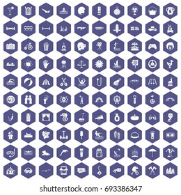 100 summer vacation icons set in purple hexagon isolated vector illustration
