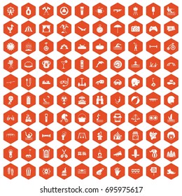 100 summer vacation icons set in orange hexagon isolated vector illustration