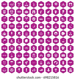 100 summer vacation icons set in violet hexagon isolated vector illustration