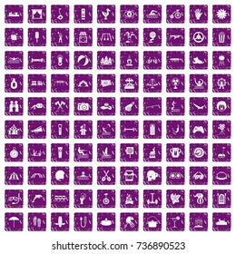 100 summer vacation icons set in grunge style purple color isolated on white background vector illustration