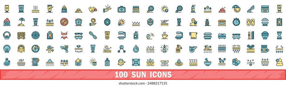 100 sun icons set. Color line set of sun vector icons thin line color flat on white