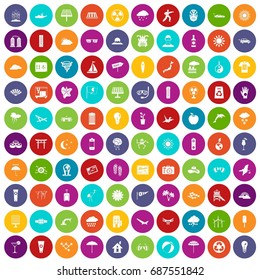 100 sun icons set in different colors circle isolated vector illustration
