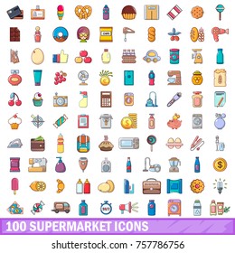 100 supermarket icons set. Cartoon illustration of 100 supermarket vector icons isolated on white background