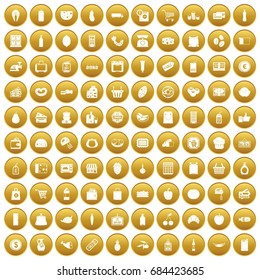 100 supermarket icons set gold