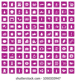 100 supermarket icons set in grunge style pink color isolated on white background vector illustration