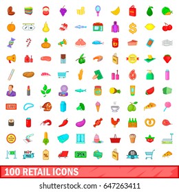 100 supermarket products icons set. Cartoon illustration of 100 supermarket products icons vector set for any design