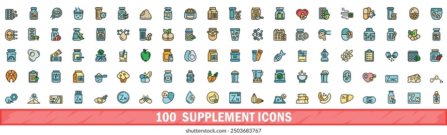 100 supplement icons set. Color line set of supplement vector icons thin line color flat on white