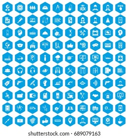 100 support center icons set in blue hexagon isolated vector illustration