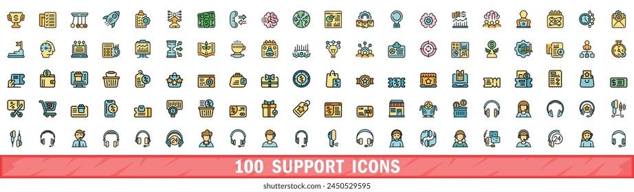 100 support icons set. Color line set of support vector icons thin line color flat on white
