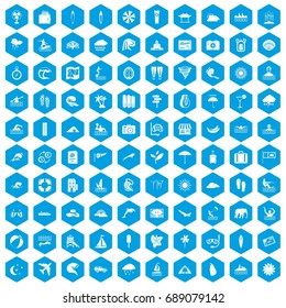 100 surfing icons set in blue hexagon isolated vector illustration