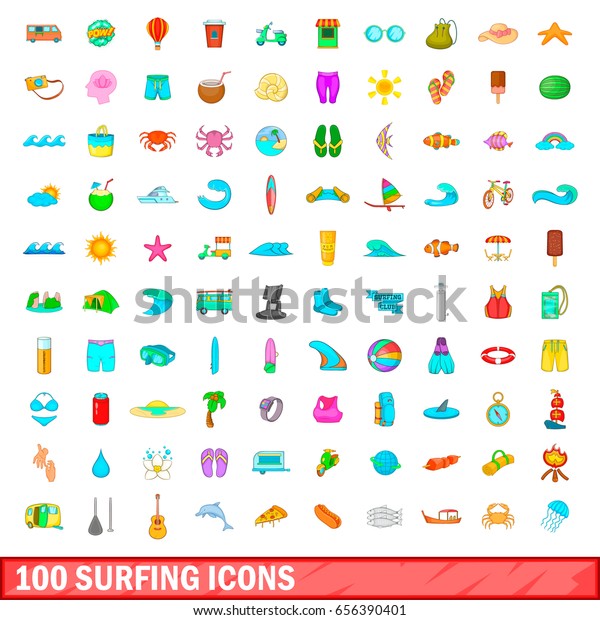 100 surfing icons set in cartoon style for\
any design vector\
illustration