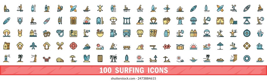 100 Surf-Icons gesetzt. Farbliniensatz von Surfvektor-Symbolen Dünne Linie Farbe flach auf weiß