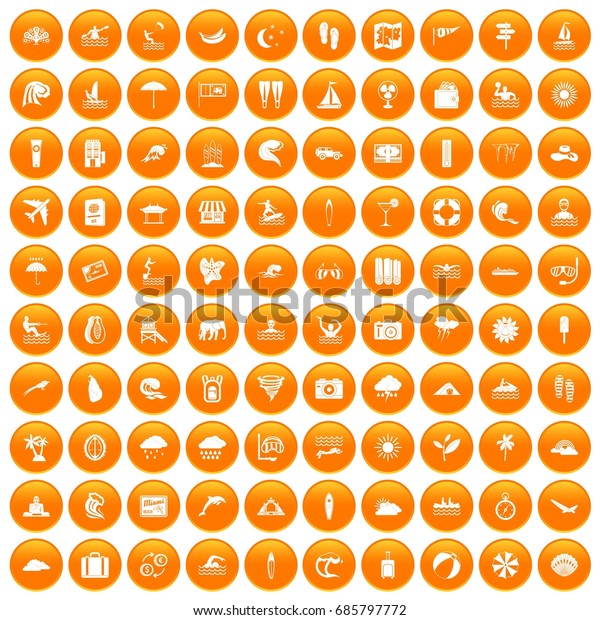 100 surfing icons set in orange circle\
isolated on white vector\
illustration