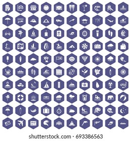 100 surfing icons set in purple hexagon isolated vector illustration