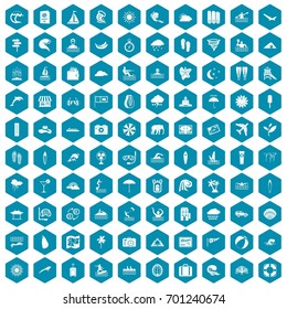 100 surfing icons set in sapphirine hexagon isolated vector illustration