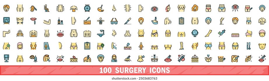 100 surgery icons set. Color line set of surgery vector icons thin line color flat on white