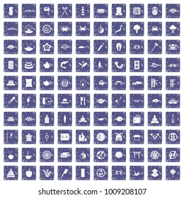 100 sushi bar icons set in grunge style sapphire color isolated on white background vector illustration