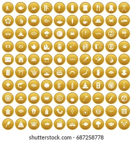 100 sushi bar icons set in gold circle isolated on white vectr illustration