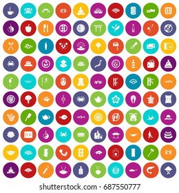 100 sushi bar icons set in different colors circle isolated vector illustration