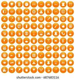 100 sushi bar icons set in orange circle isolated vector illustration