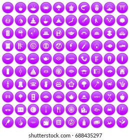 100 sushi bar icons set in purple circle isolated vector illustration