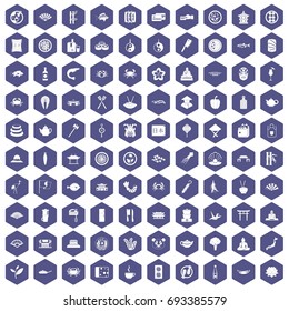 100 sushi bar icons set in purple hexagon isolated vector illustration