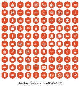 100 sushi bar icons set in orange hexagon isolated vector illustration