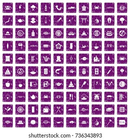 100 sushi bar icons set in grunge style purple color isolated on white background vector illustration
