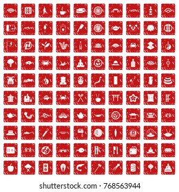 100 sushi bar icons set in grunge style red color isolated on white background vector illustration