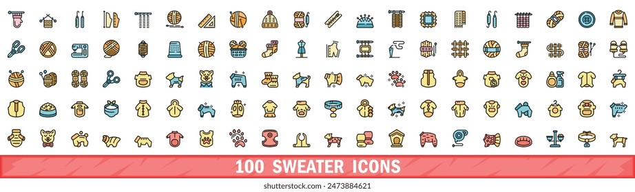 100 sweater icons set. Color line set of sweater vector icons thin line color flat on white