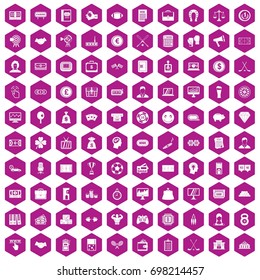 100 sweepstakes icons set in violet hexagon isolated vector illustration