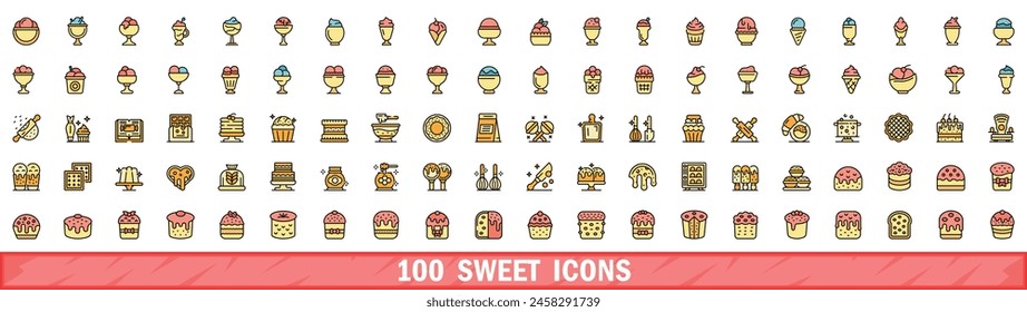 100 sweet icons set. Color line set of sweet vector icons thin line color flat on white