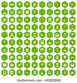 100 sweets icons set in green hexagon isolated vector illustration
