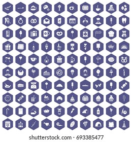 100 sweets icons set in purple hexagon isolated vector illustration