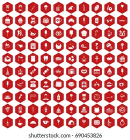 100 sweets icons set in red hexagon isolated vector illustration